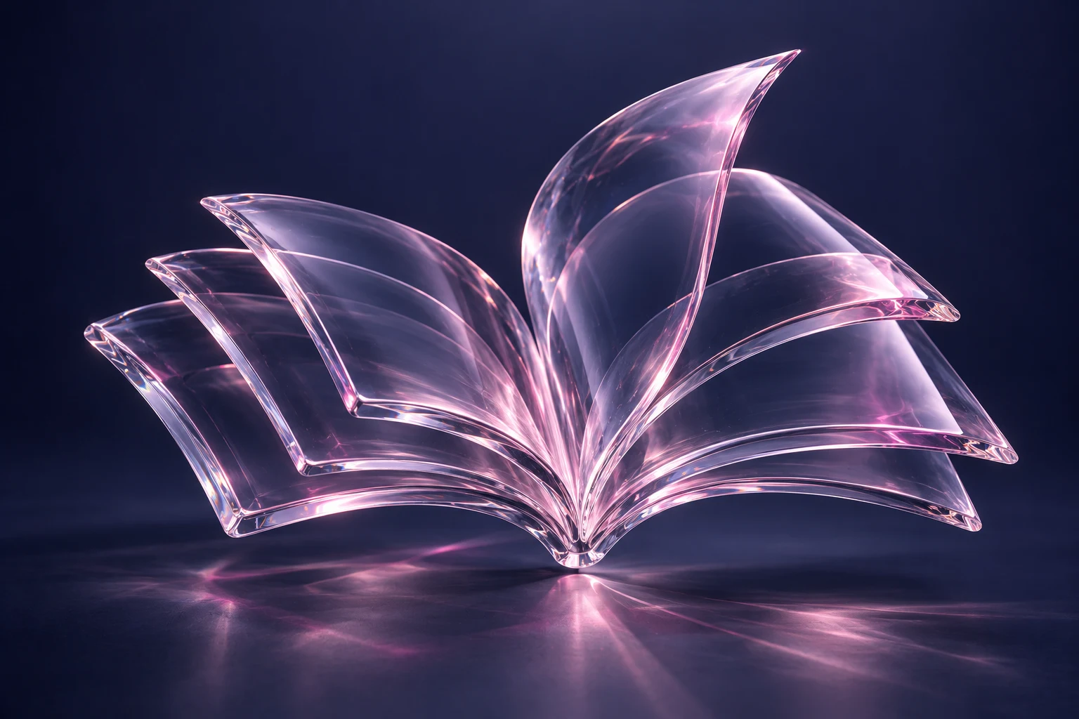 Illustrazione: un libro aperto in vetro, nei colori Wizhit, per MagicDoc.