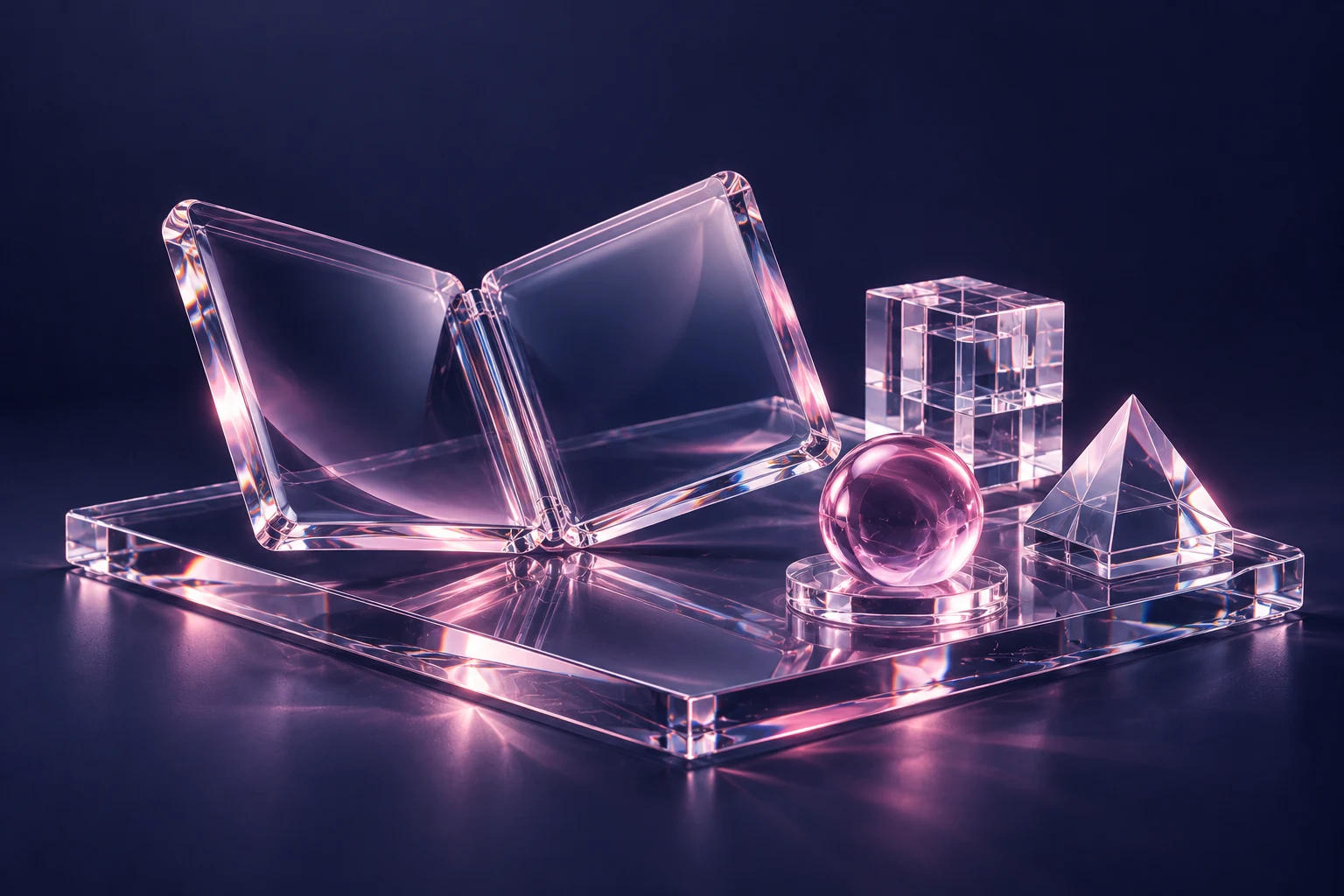 Illustration: a glass laboratory form in Wizhit’s indigo and pink colours, for Tailor Studio.